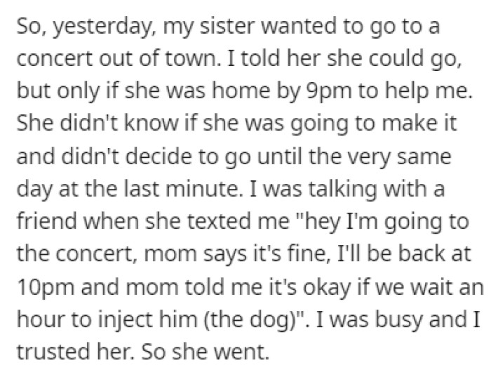 The sister wanted to go to a concert, and OP told her that she needs to be back by 9 PM