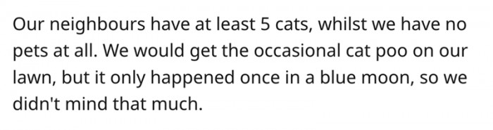 2. OP's neighbors have at least five cats, and they would occasionally do their business on OP's lawn. But since it was very rare, he didn’t mind.