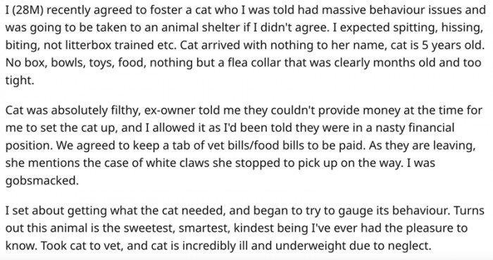 We need more people like this in the world. Didn't hesitate at all to adopt this kitty even though he expected terrible behavior issues.