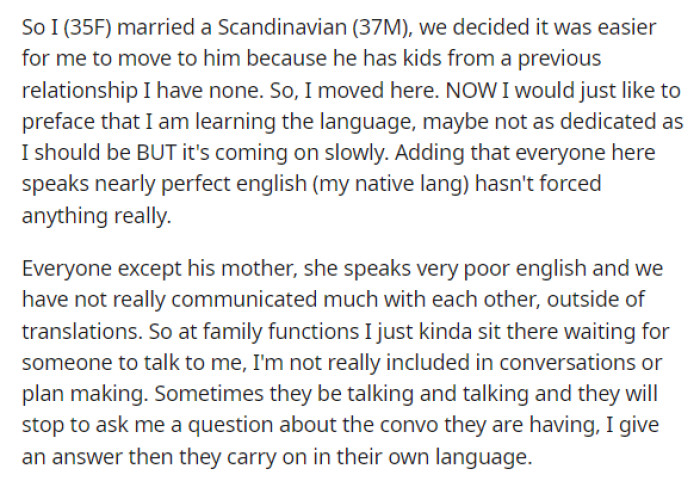 Then she dives into the post and gives us some background on her and her husband, and why she moved in with him in his hometown in a different country.