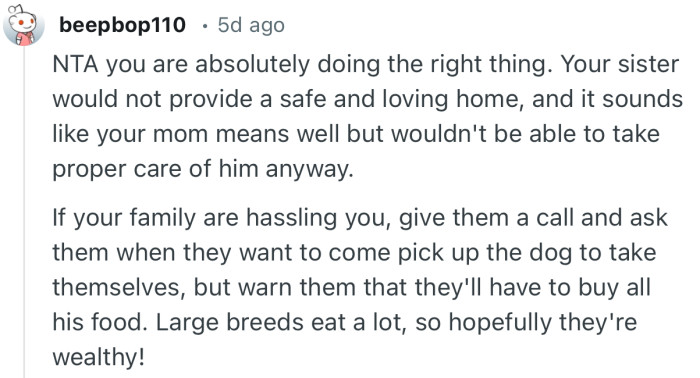 “If your family are hassling you, give them a call and ask them when they want to come pick up the dog to take themselves.”