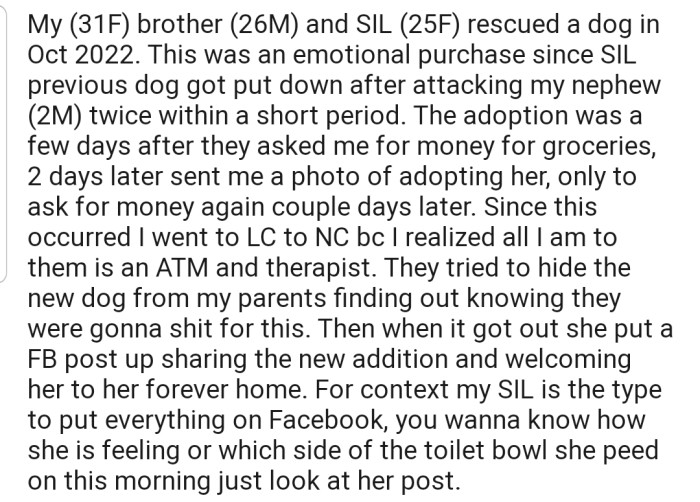 OP's brother and SIL got a rescue dog even though they couldn't afford a new addition to the family