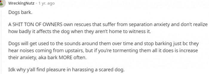16. Why do you find pleasure in harassing a scared dog?