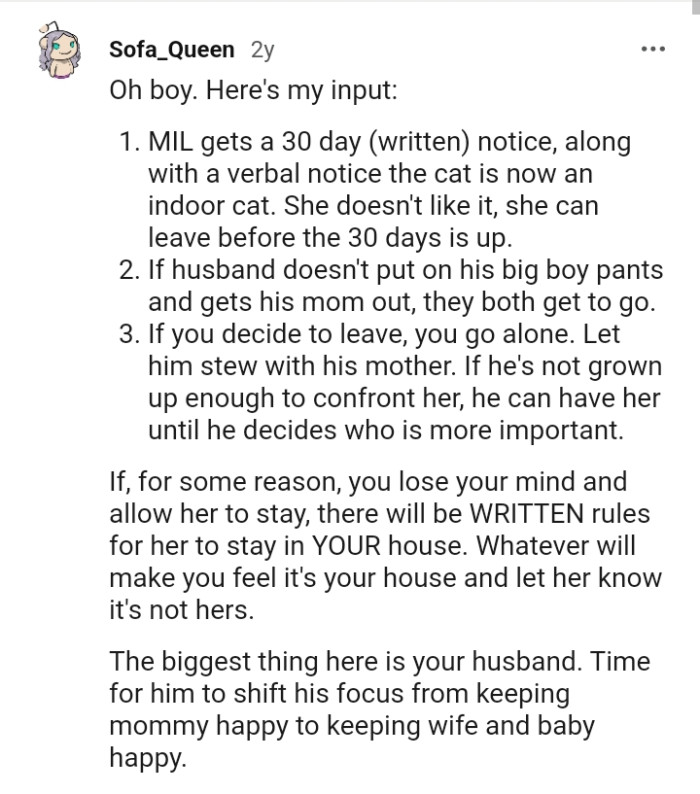 There will be written rules for the mother-in-law to stay in the OP's home