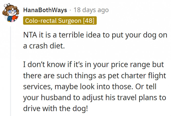 7. The simplest solution for them would be for the husband to take the dog along with him.