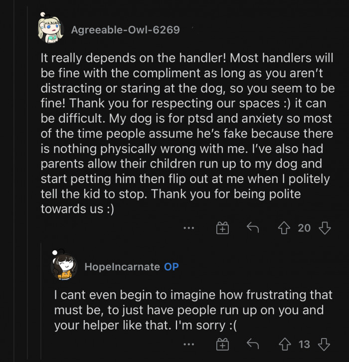 Handlers are fine with compliments as long as it doesn't distract the dog.