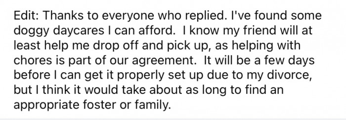 Later on, the OP posted an update thanking the community for all of their comments.