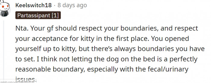 This Redditor thinks not letting the dog on the bed is a perfectly reasonable boundary, especially with the fecal/urinary issues.