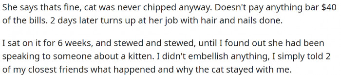 In the meantime, the previous owner sure did indulge herself. She spent money on her hair and nails and didn't think of contributing to the expenses OP had before he decided to keep the cat. OP was angry but didn't react until he heard her talking about adopting another kitten. That was the final straw.