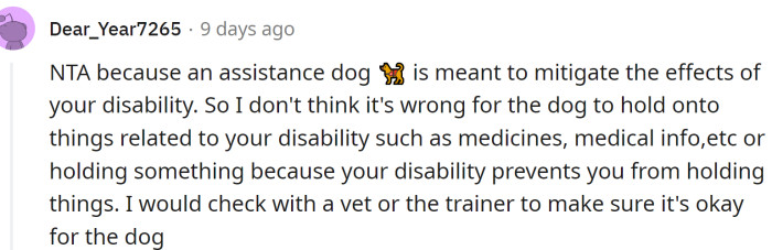 This Redditor doesn't think it's wrong for the dog to hold onto things related to the disability