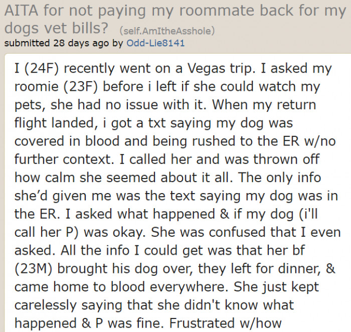 According to the original poster (OP), she asked her roommate to take care of her dog, to which the roommate agreed.