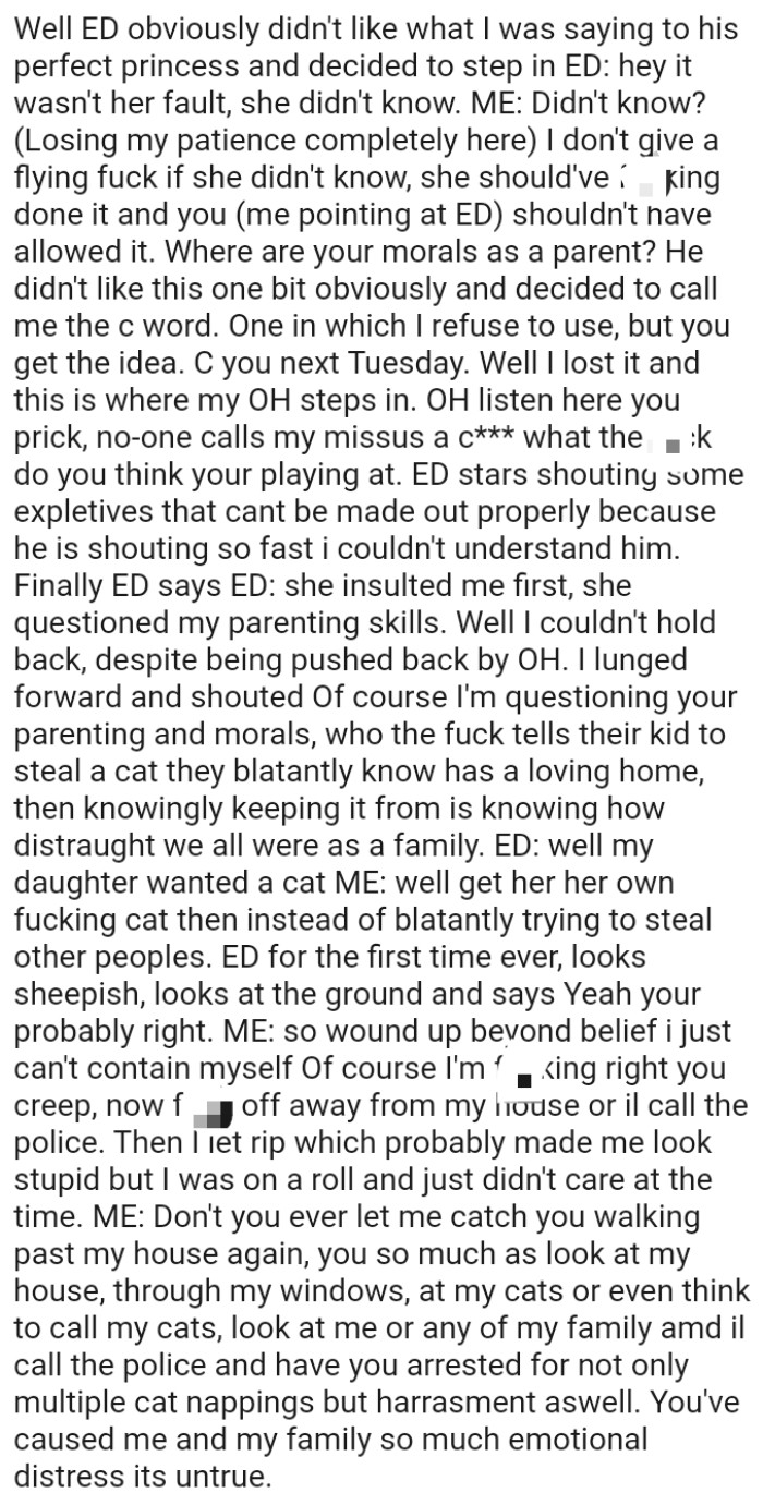 Who the heck tells their kid to steal a cat they blatantly know has a loving home?