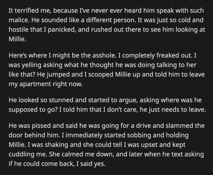 He got mad and said he was going for a drive. OP started to cry but Millie, sensing her distress, comforted her until she calmed down.