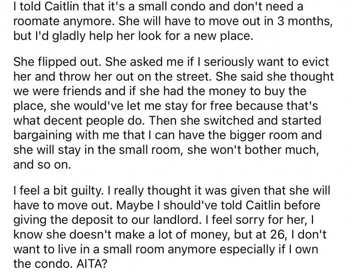 Problems Surface When Entitled Roommate Thinks Her Roommate Buying Their Rental Unit Is Her Free 