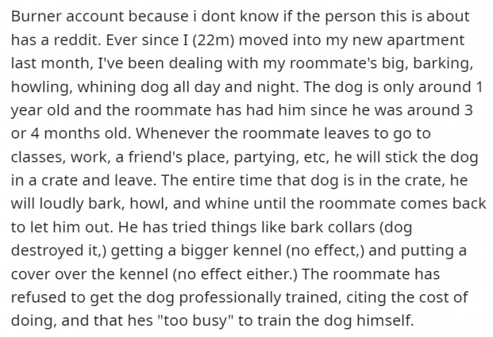 The roommate refuses to get the dog trained because they either can't afford it or doesn't have time to do it themselves