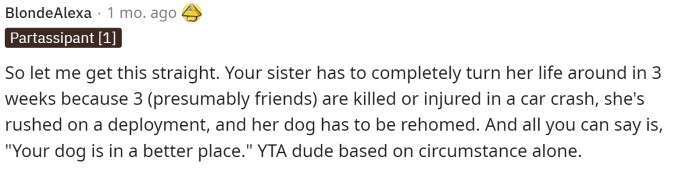 The first comment pretty much says it all. OP is TA, and with everything going on, she could've said something different.