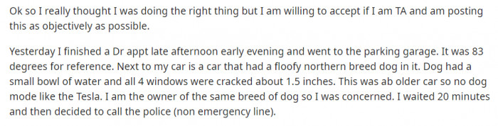 After her doctor appointment, OP noticed a dog sitting in a car on a hot day, and she had to do something about it.