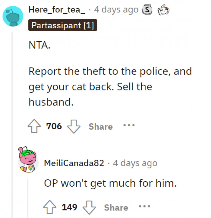 Swap the sold cat for the husband. Redditors don’t think she won’t make a lot of money from him, but at least he’s gone?