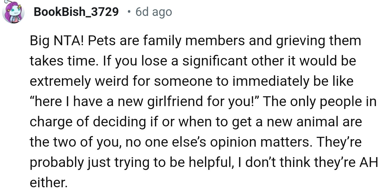 “The only people in charge of deciding if or when to get a new animal are the two of you, no one else’s opinion matters.”