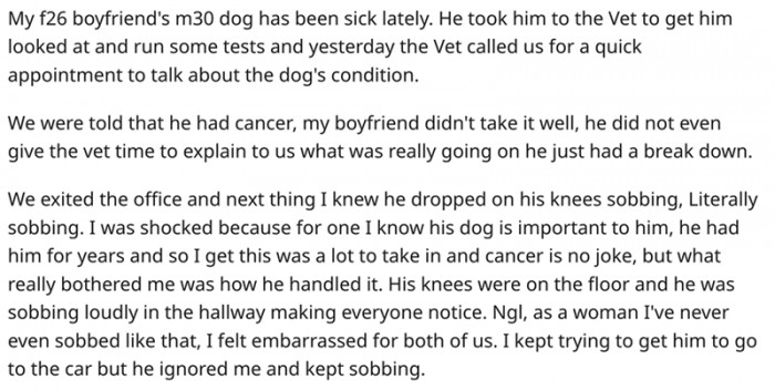 OP is a young woman in a relationship with a man who just found out that his dog is terminally ill.
