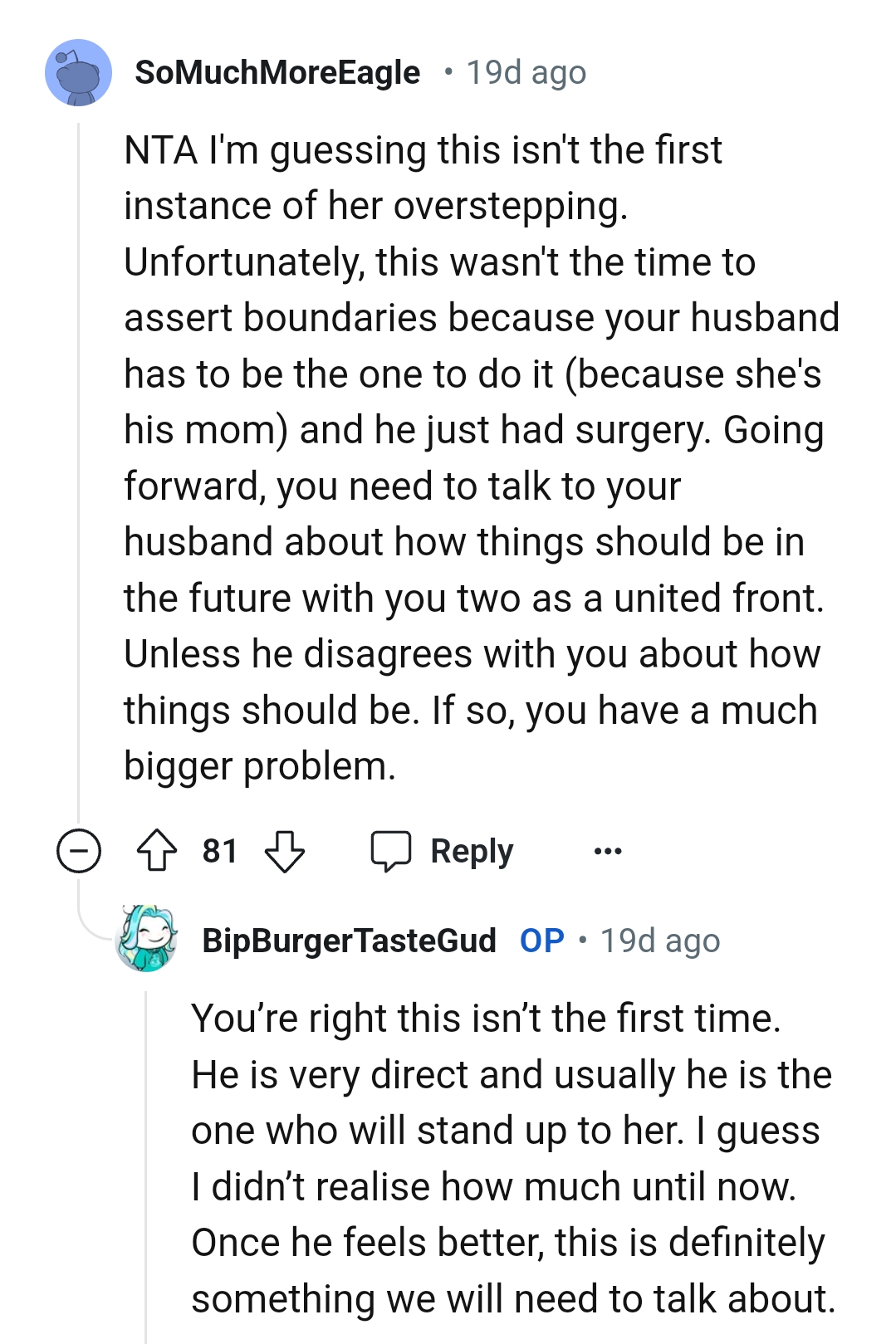 The OP should talk to her husband