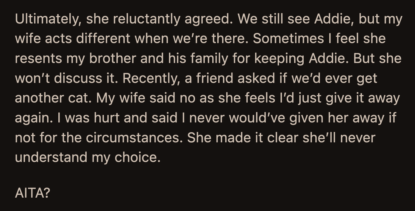 OP noticed how distant his wife had been even when they visited Addie at his brother's home. When a friend asked if they planned to adopt another cat, his wife said she didn't want to because OP would give it away again. The implication hurt OP. Did he give Addie up too readily?