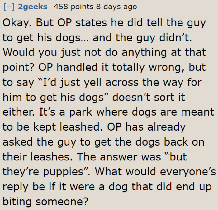 The guy is also wrong for defending his dogs. He should've just picked them up.