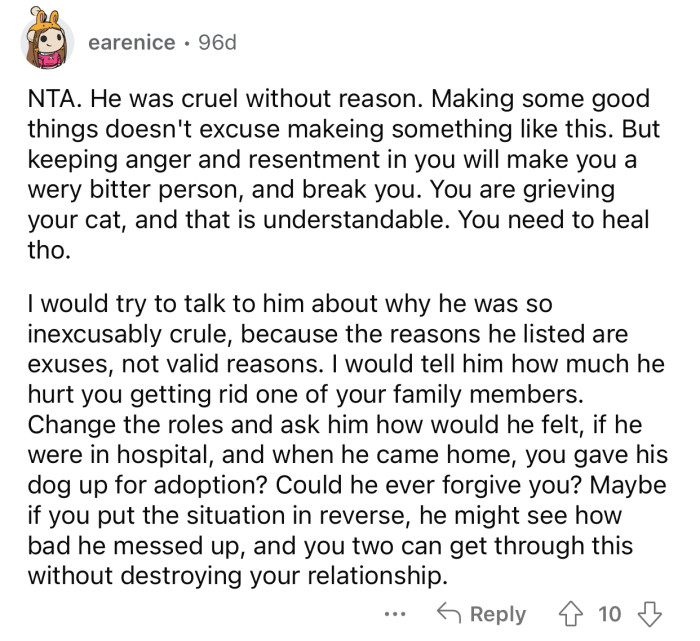 The dad's reason for getting rid of the cat is not valid enough.