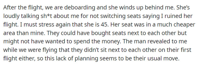 Upon de-boarding, the girlfriend behind continued to berate OP for not switching seats.
