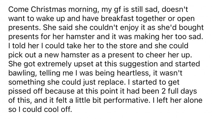 Many things reminded the GF of her hamster, which made her even sadder.
