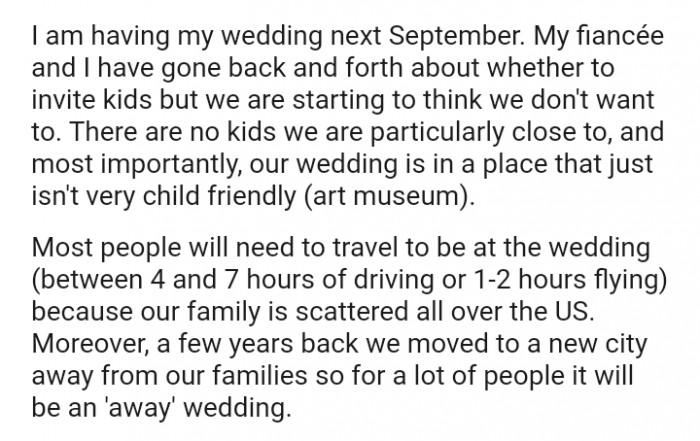 The OP and his fiancée have gone back and forth about whether to invite kids