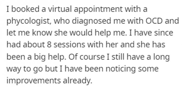 She booked an appointment with a psychologist who diagnosed her with OCD