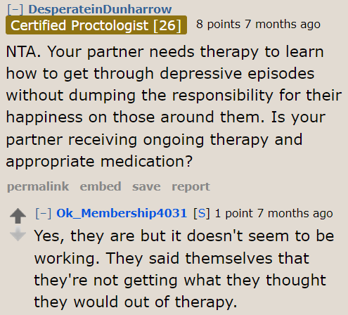 Sadly, therapy isn't working on the OP's partner. They still have to deal with their SO's problematic behavior.