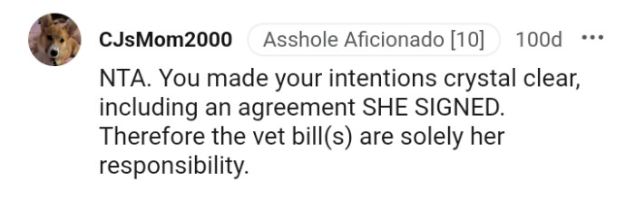 The vet bills are solely her responsibility