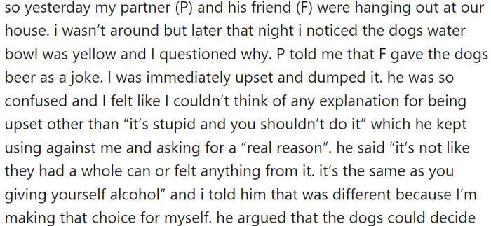 OP's partner and his friend were hanging out at OP's house, and OP was not around. Later that night, OP noticed that the dogs' water bowl was yellow and questioned why.
