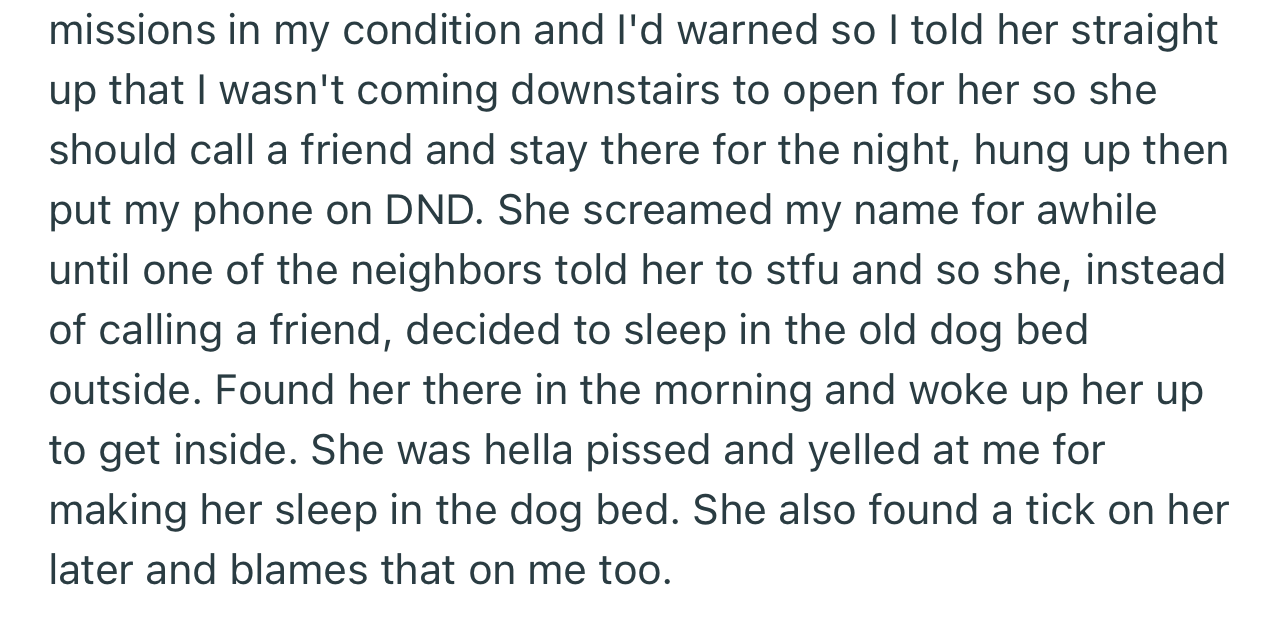 OP refused to open the door for their sister, which forced her to sleep in an old dog bed outside