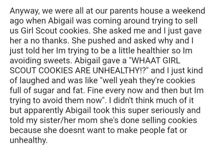 The OP told the niece that they were trying to be a little healthier