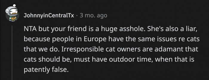 A commenter said it's just wrong to say that people in Europe do not have a problem with the outdoor cat population.