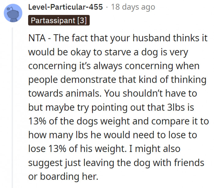 14. It should be pointed out to the husband that 3 lbs is 13% of the dog's weight.