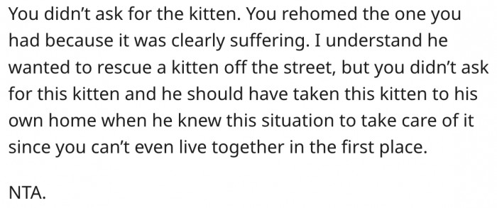 3. Her fiancé should take care of the kitten instead.