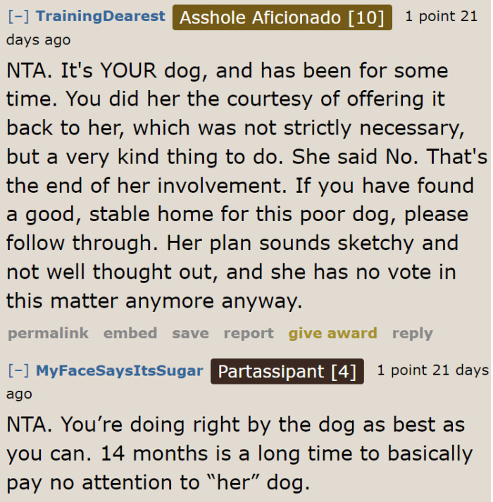 Even if she's taking a risk, giving the dog to someone with a permanent home is the right thing to do.