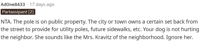 Essentially, the light pole is on public property, and she does not own it.