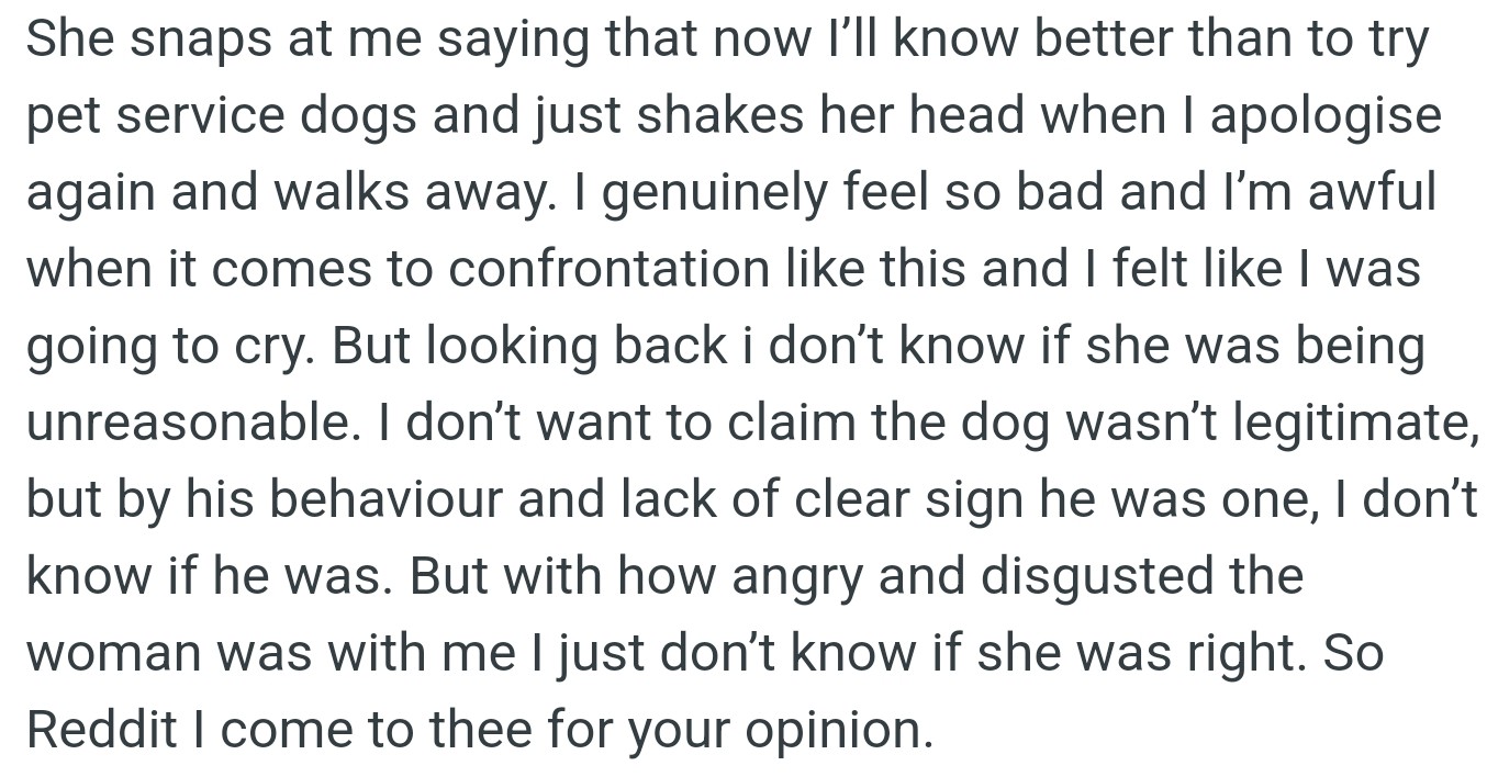OP accidentally petted a service dog, sparking a confrontation with the owner. She scolded OP, saying they should know better, and walked away.