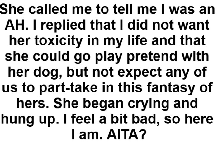 The OP did not want her toxicity in his life and added that she could go play pretend with her dog