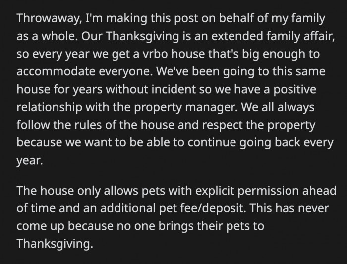 They told their cousins they can't let the puppy go inside the rental.