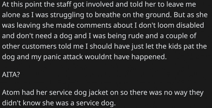 The staff tried to control the situation and had the mom walk away from OP, but other customers painted OP as being in the wrong