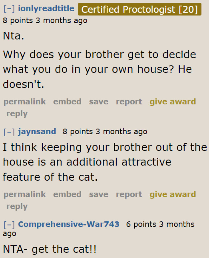 The cat keeping the brother away from the OP's house sounds very attractive to some users.