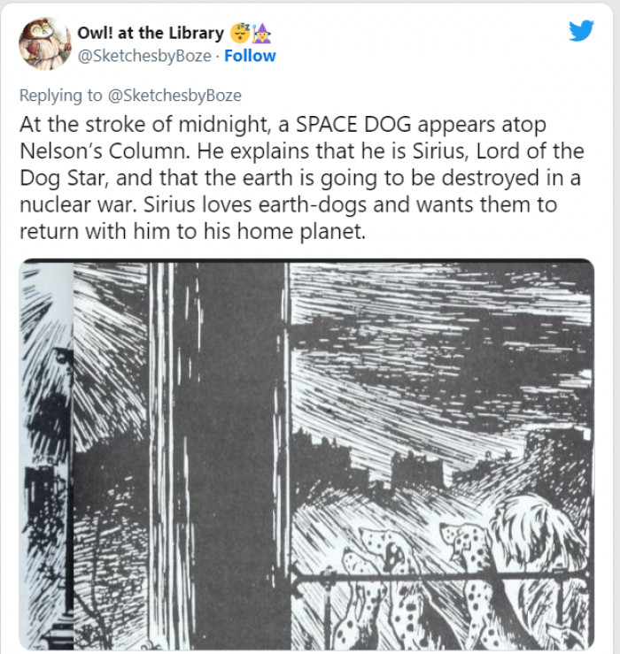 And then the Space Dog appears. He is Sirius, the Lord of the Dog Star. He said that the Earth was to be destroyed in a nuclear war and that he wanted to save the dogs.