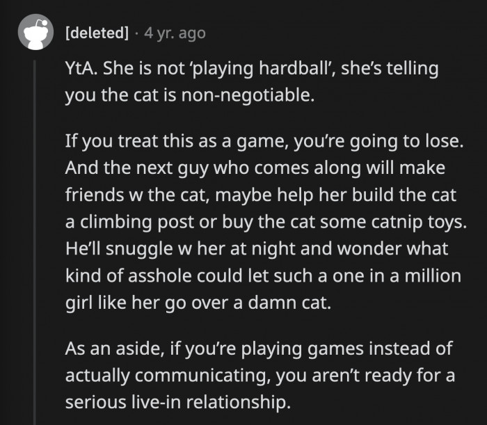 OP acted as if the problem is his unreasonable GF. He failed or refused to see that the problem lies in his beliefs about cats.