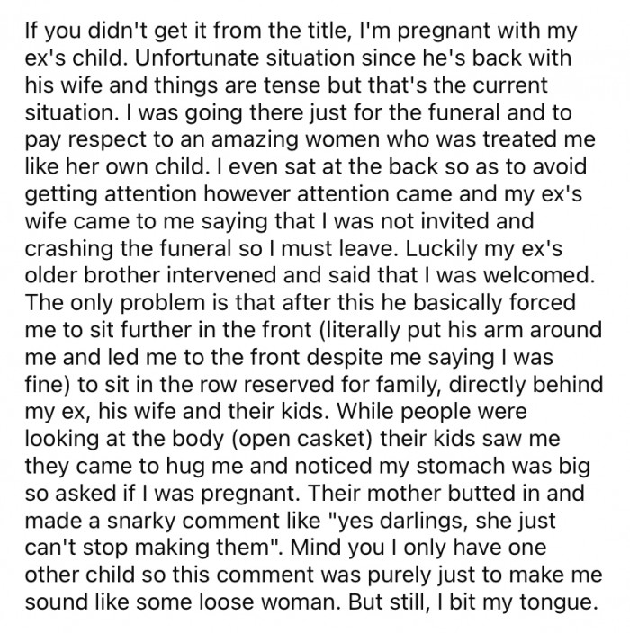 She explained that she is currently pregnant with her ex's child, which is difficult because he is now back with his wife.